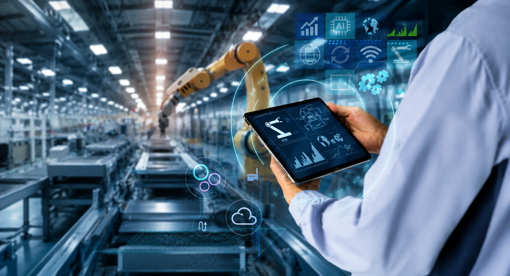Automation i tillverkningsindustrin med digital övervakning och robotstyrd produktion