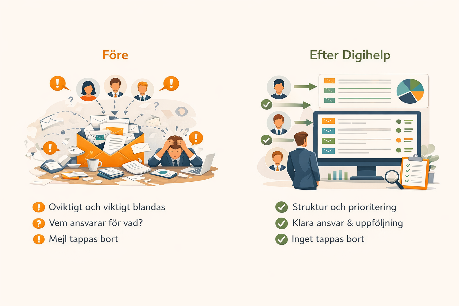 Före och efter Digihelp Effektiv automation och digitala arbetsflöden för företag i Värmland och Örebro – Digihelp AB