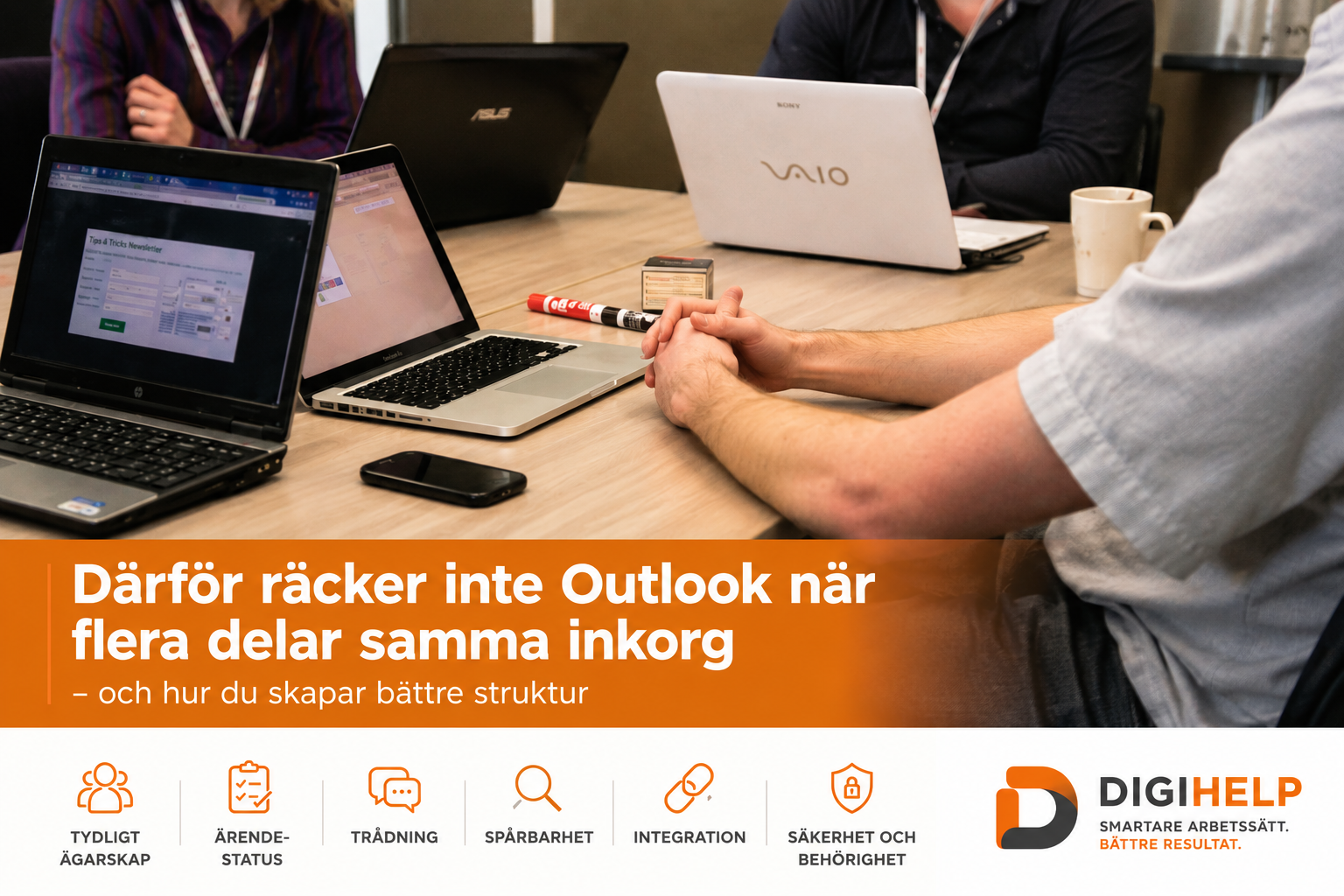 Gemensam Outlook-inkorg med struktur för ärendehantering, trådning, spårbarhet och integration.